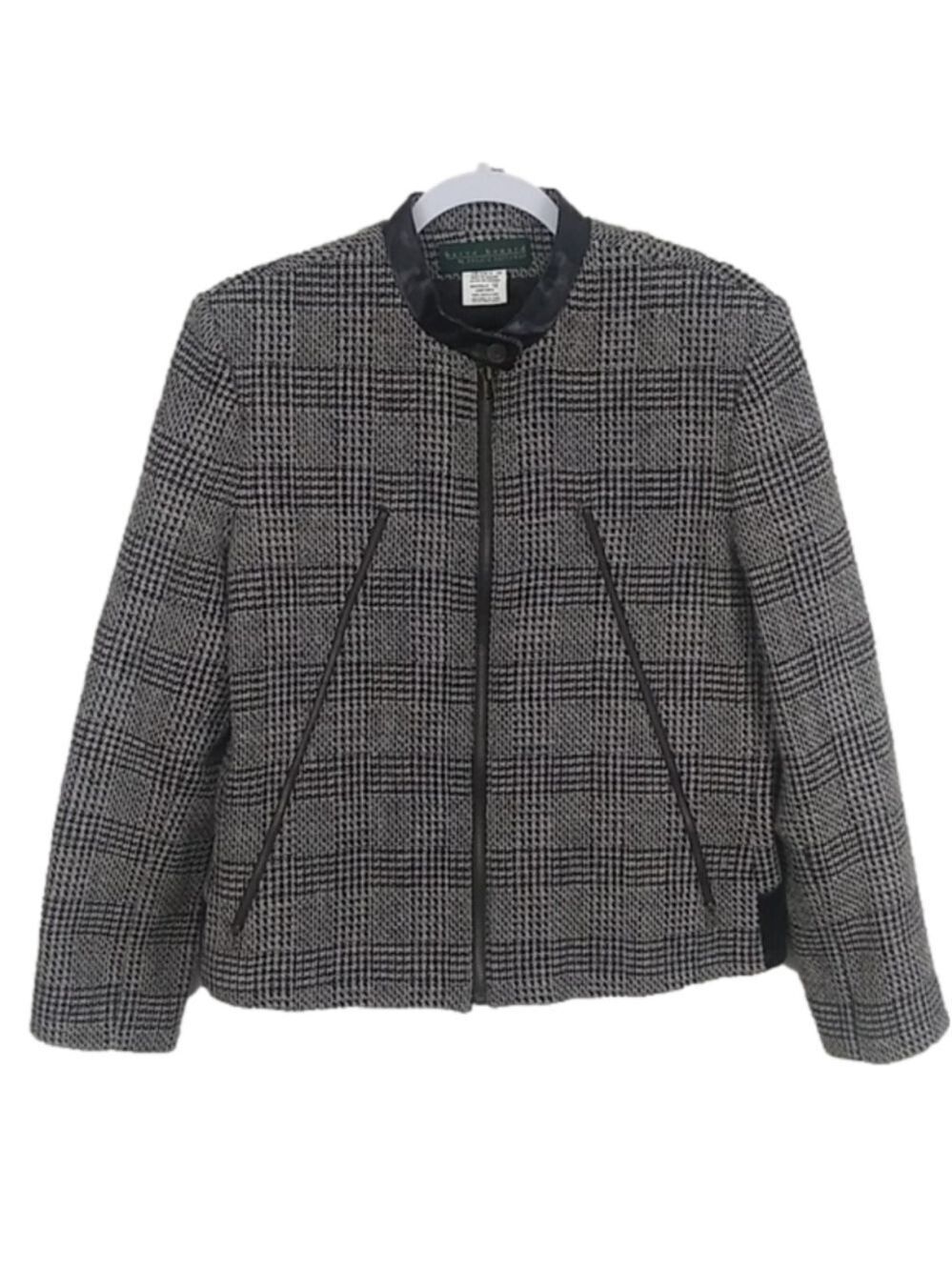 Harve Bernard Grey Glen Check Plaid Wool Leather Button Collar Zip Up Jacket